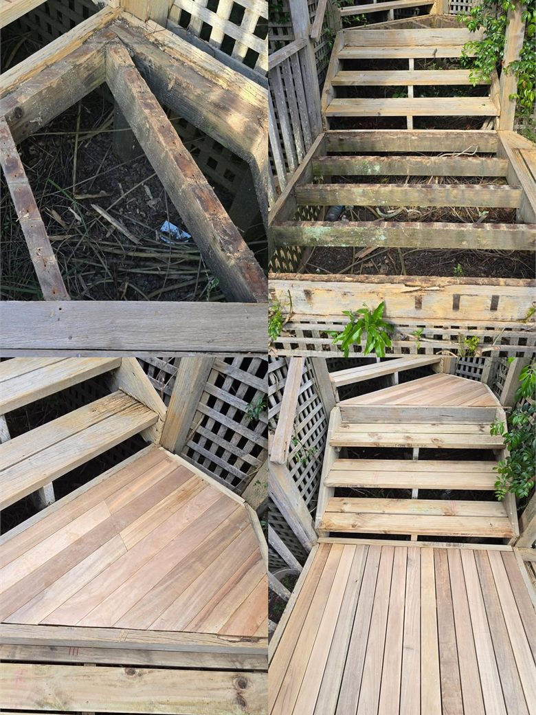 Four photos: a rotted deck frame and decayed steps above, and below the same deck and steps rebuilt in fresh timber