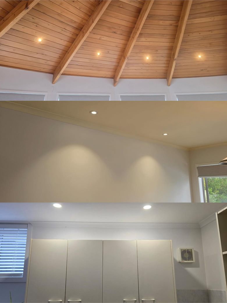 Three photos of a downlight job: recessed LEDs set into a vaulted timber ceiling, and the finished rooms below with the new lights on