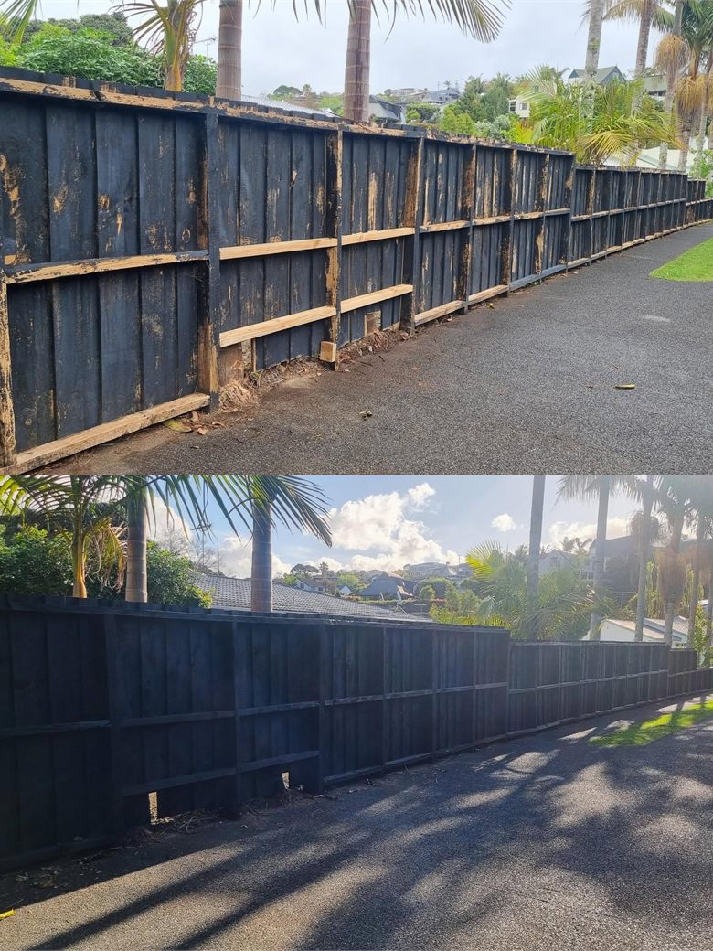 Before and after: a weathered timber boundary fence with sagging rails above, and the same fence below, repaired and repainted in an even dark coat