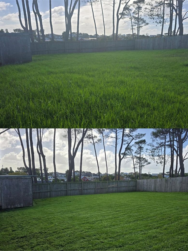 Before and after: a back lawn grown long above, and the same lawn below, mown short with clean edges along the fence line