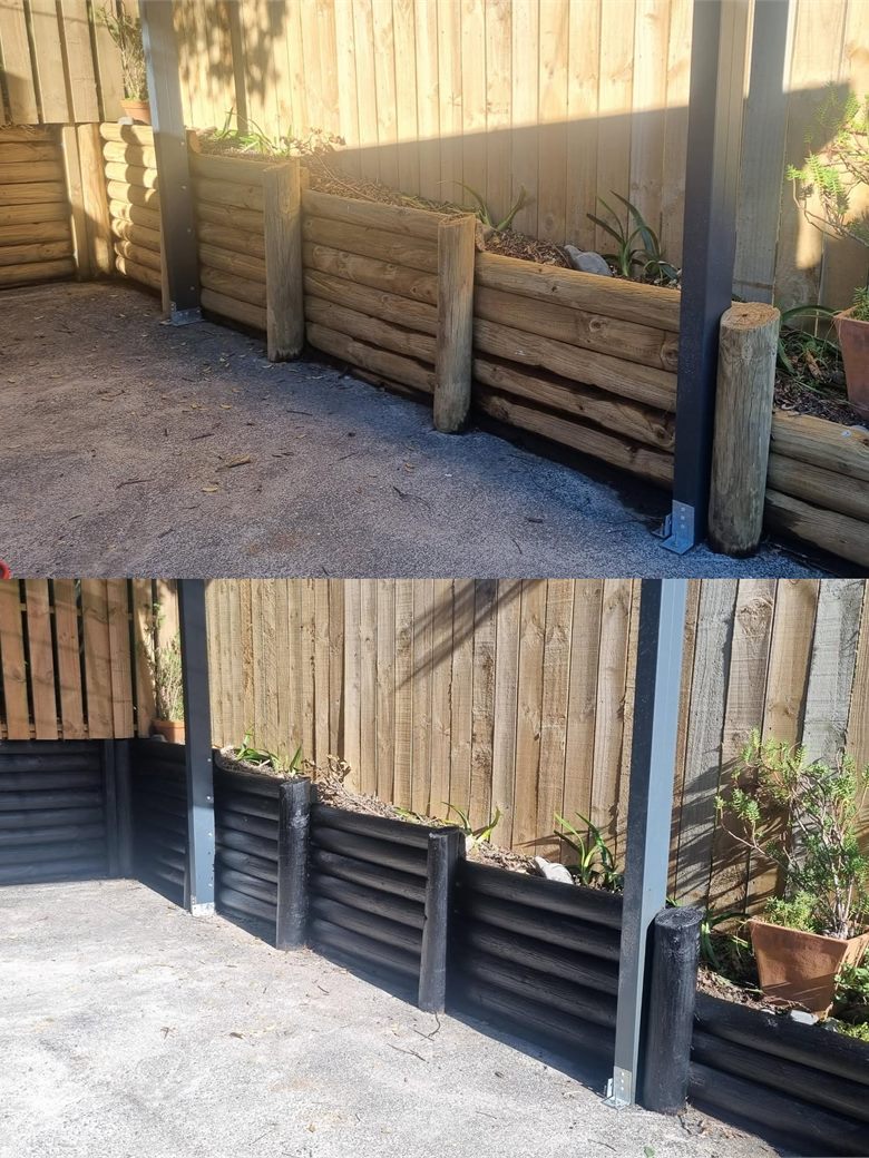 Before and after: a bare weathered timber retaining wall above, and below the same wall water blasted, stained dark and planted out